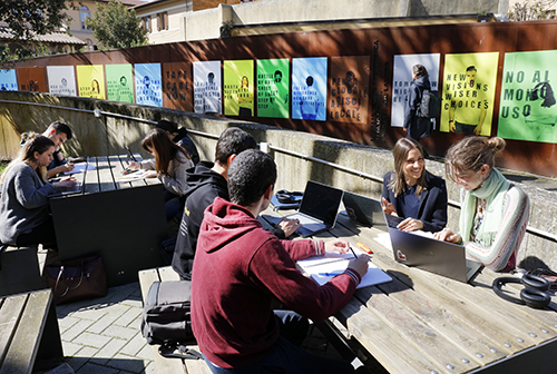 Students in a library garden