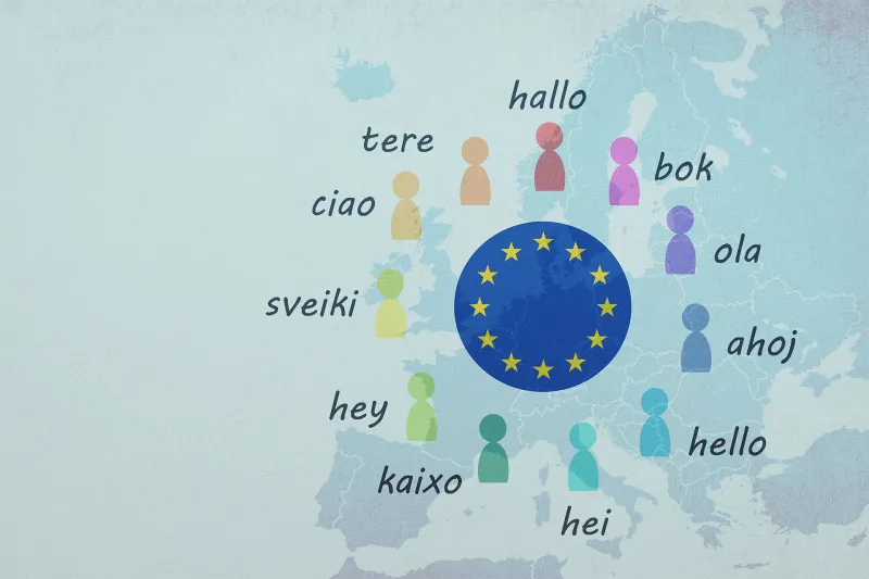 Languages and world map, word hello in different l anguage spoken in Europe, concept of multilingual business and community, multilingualism in the EU