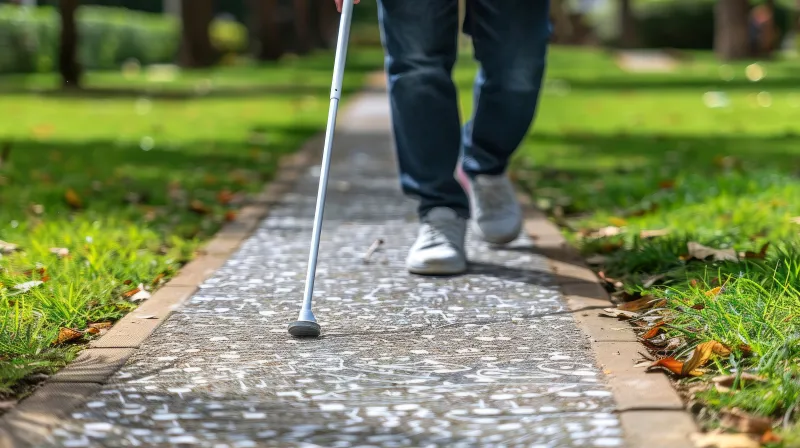 Blind person walking on a tactile path in a park. (Photo: Adobe Stock / ACE STEEL D)