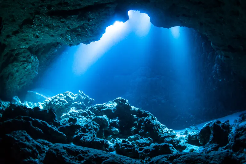 A cave at the bottom of the sea, light filtering in from above