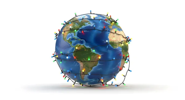 A globe wrapped in string lights. 