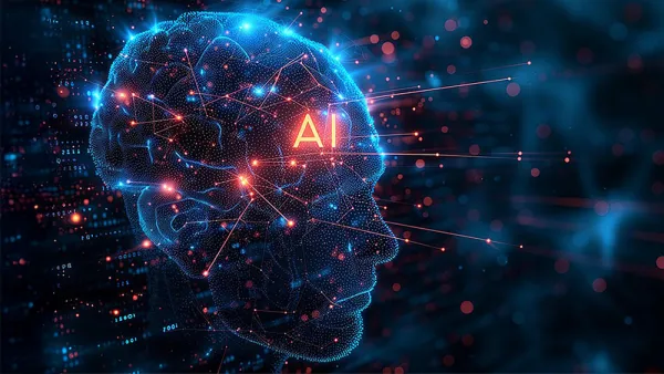 An artificial brain with the text AI