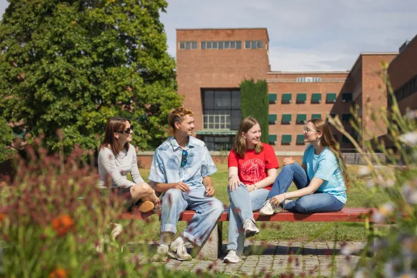 Four students sitting on a bench
