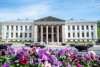 Domus Media in Oslo with a flower bed in front